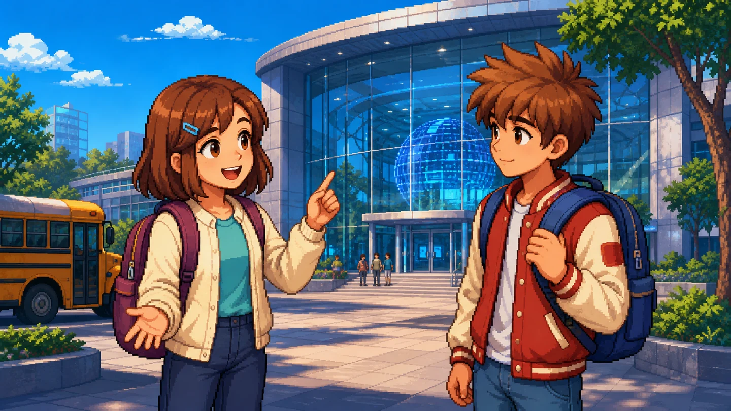 Two learners discussing an exhibit in the pixel-art AI Museum