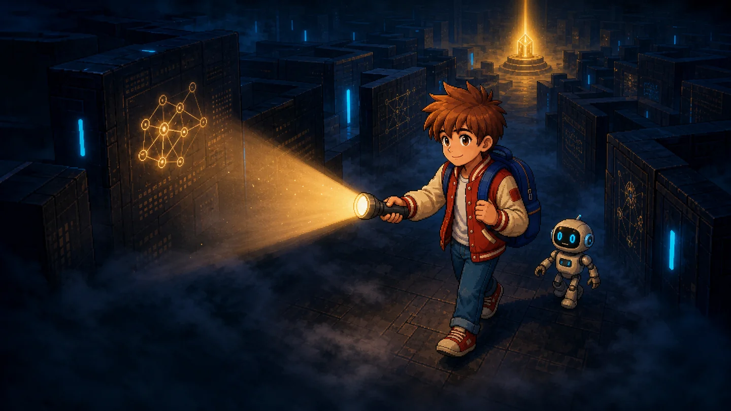 A character using a flashlight to reveal risks in AI Museum