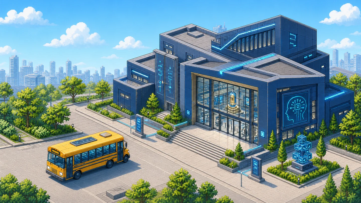 Exterior of the pixel-art AI Museum